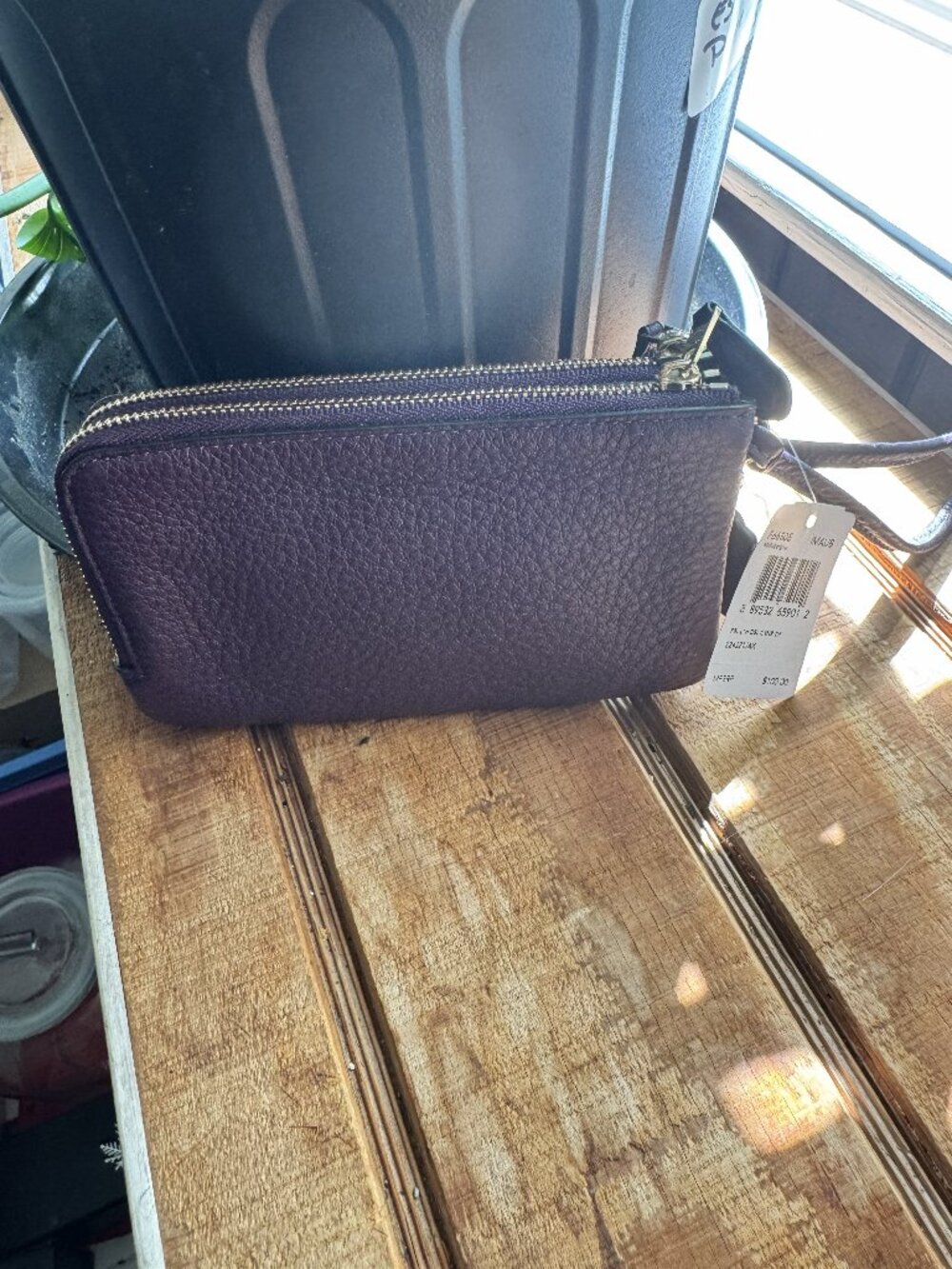 COACH Double Corner Zip Wristlet in Pebbled Leather Purple/Fuchsia F66505
